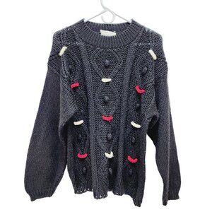 CSL Women's Christmas Sweater Hand Knit Embroidered Cherry Stix Size M black